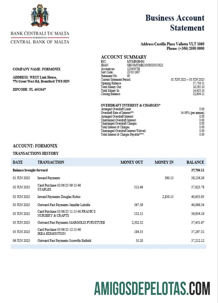 Baixável Central Bank Of Malta Firm modelo de extrato de conta Word e PDF (1)